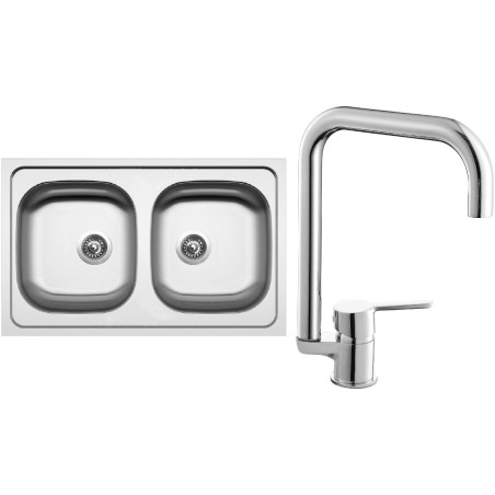 Set Sinks N90 (dřez Classic 800 DUO 0,6 mm, matný + baterie Cornia Chrom - lesklý)